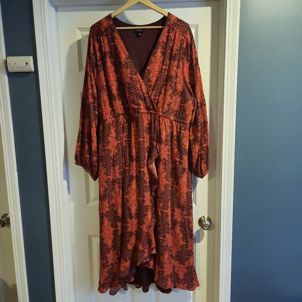 Torrid Midi Washable Crinkle Gauze Dress Size 4‎ 4X Surplice Neck Boho Medallion - Picture 2 of 16